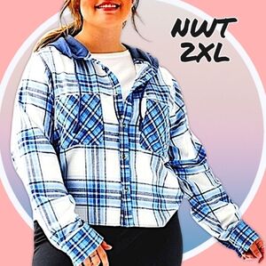 NWT 2X Plaid Button Up Hoodie w 2 Pockets & High Low Hemline